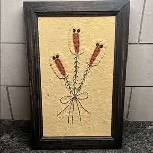 Folk art Snowman picture. Muslin backround with felt snowmen stitched on 8x12